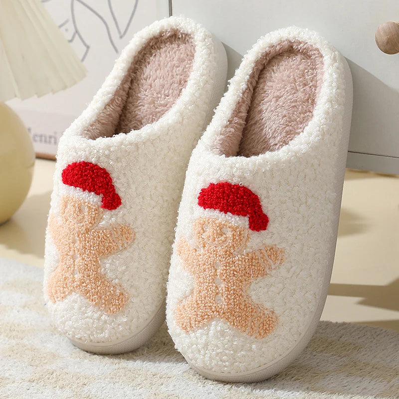 Christmas Home Slippers Cute Cartoon Santa Claus Cotton Slippers for Women and Men Couples Winter Warm Furry Shoes