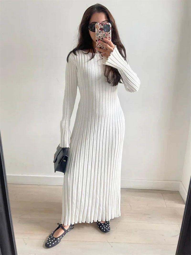 Lace-Up Female Knit Maxi Dress Autumn High Waist Fashion Patchwork Long Sleeve Loose Solid Dress Bandage Knitwear Dress